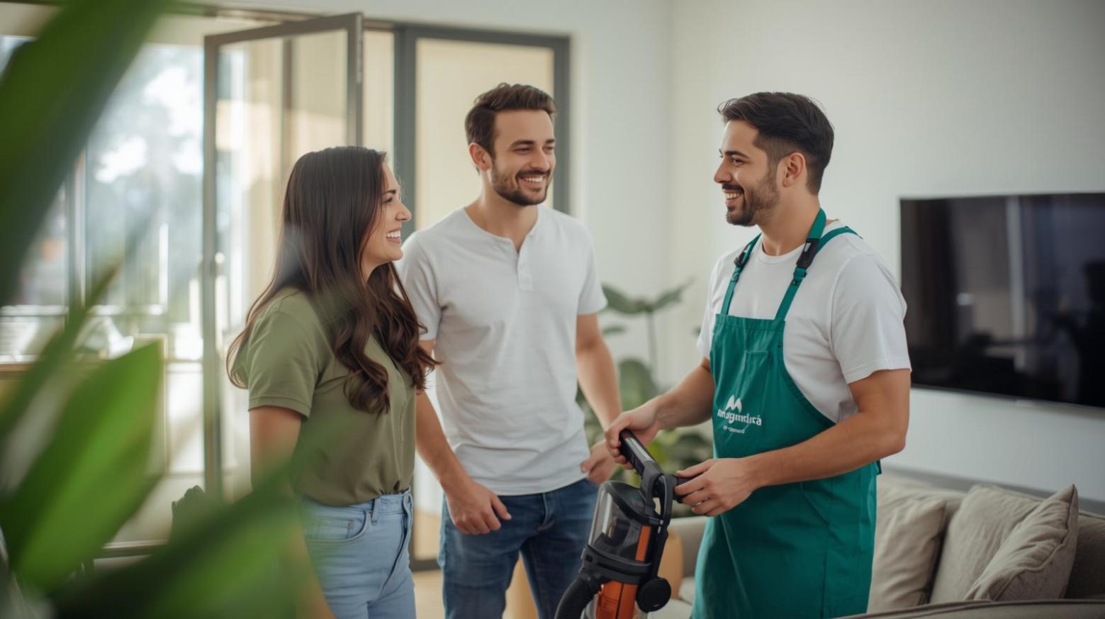 Three smiling locals discuss community renewal beside a freshly cleaned sofa in sunlight.