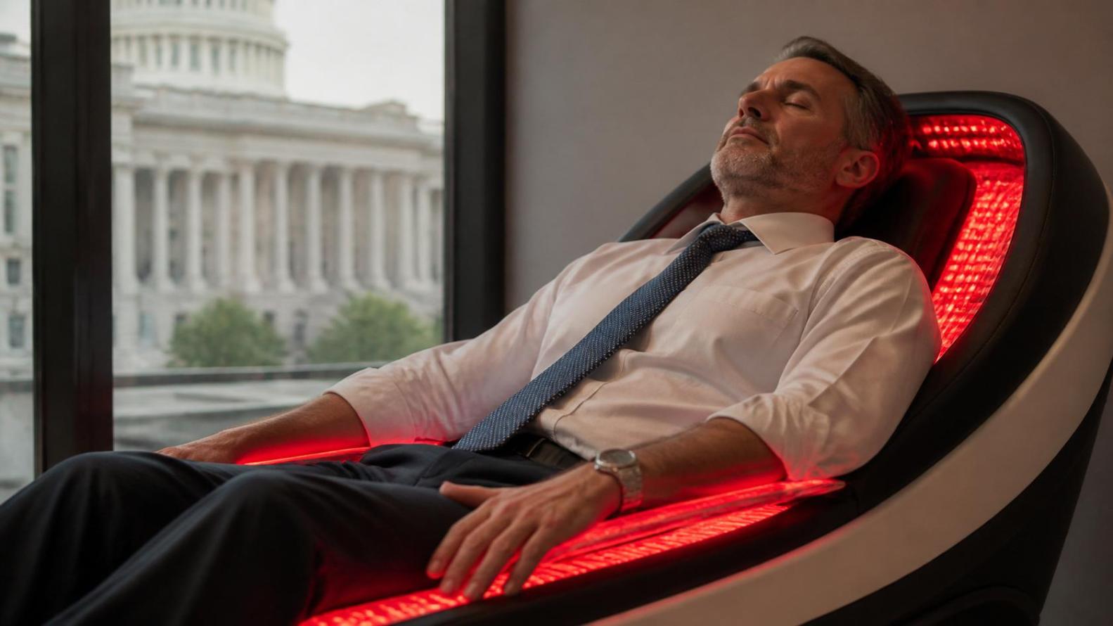 Relaxed professional resting on a glowing red light therapy bed indoors calmly.